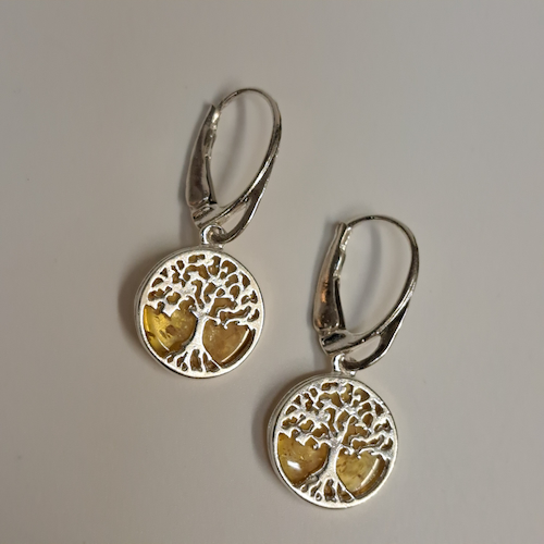 Click to view detail for HW-520 Earrings, Lemon Amber with Tree of Life $40